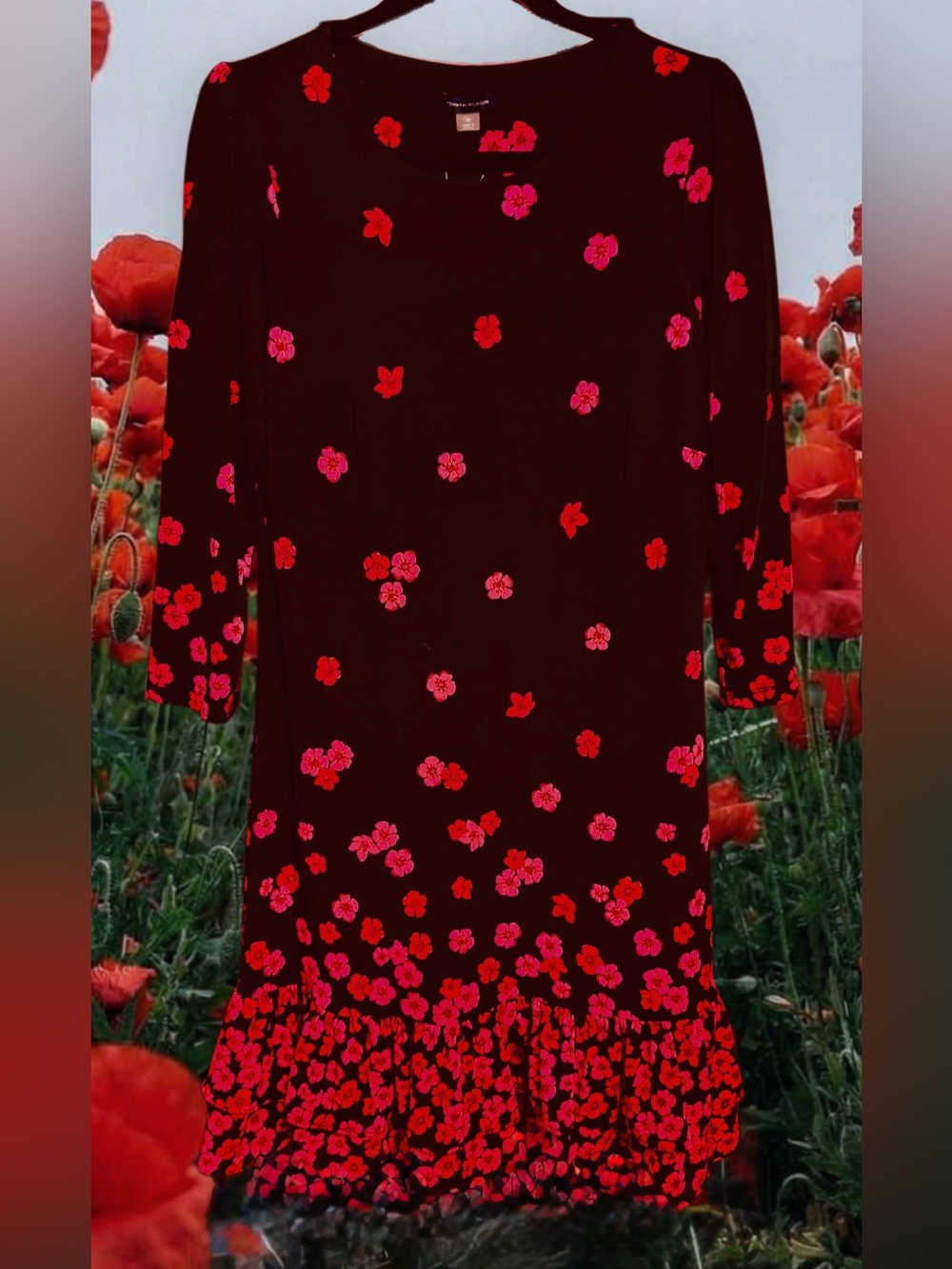Tommy Hilfiger NWT Black Midi Dress with Red Floral Print size 10